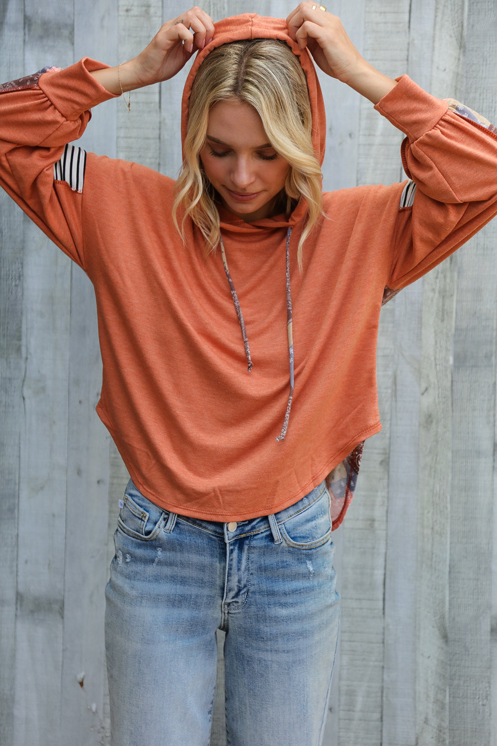 Patch Me Later Rust French Terry High Low Hoodie