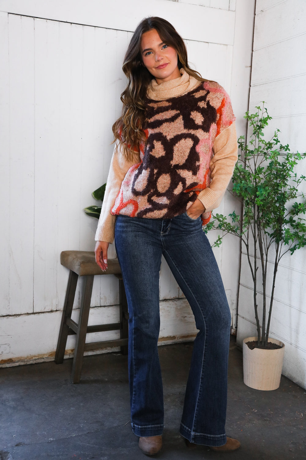 Blooms in Autumn Turtleneck Cozy Sweater