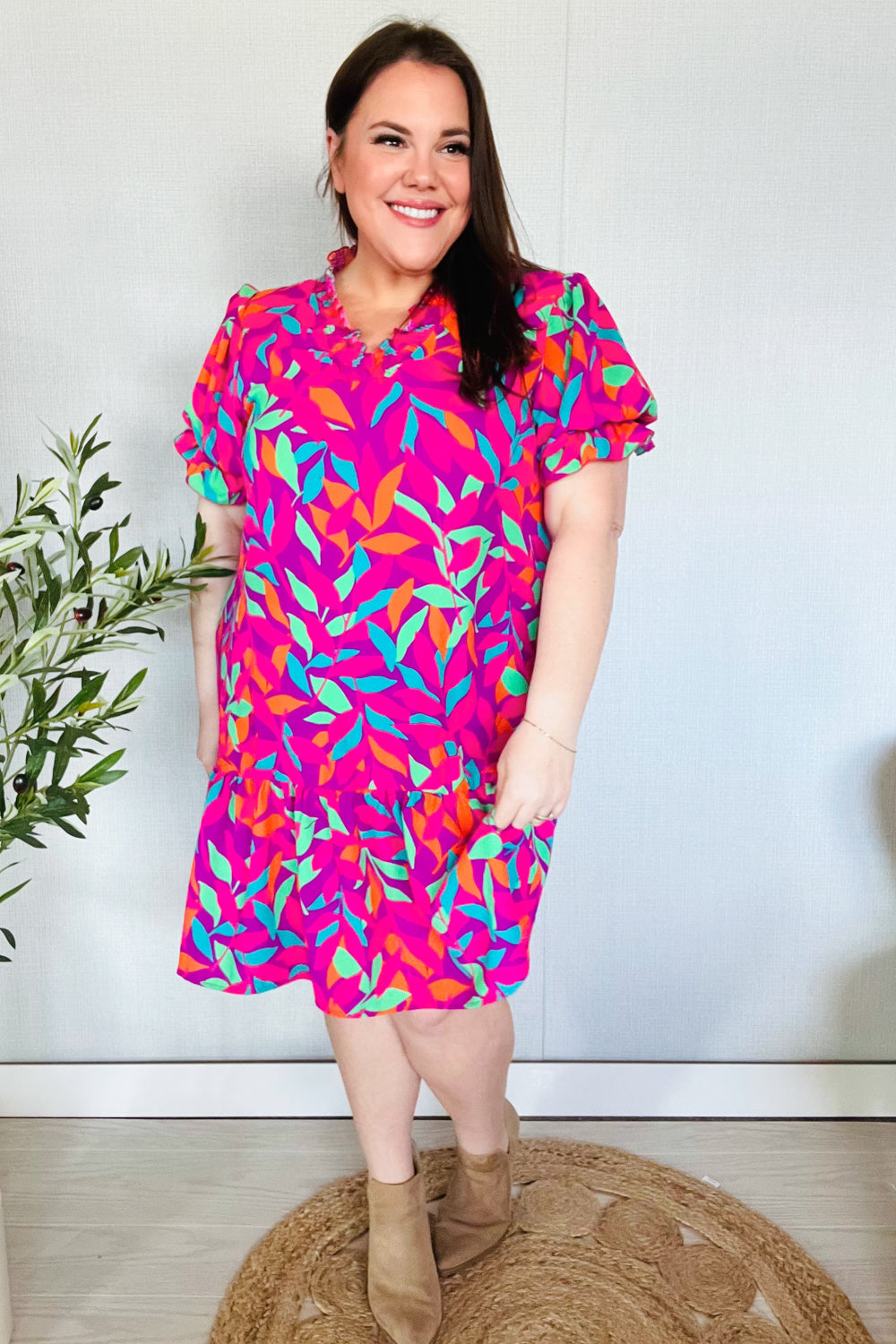 Fuchsia Tropical Leaf Woven Ruffle Hem Pocketed Dress