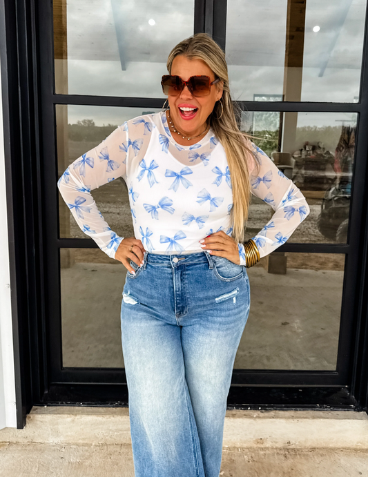 Chrissa Blue Bow Mesh Top